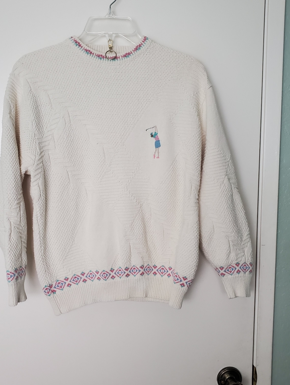 Vtg Isle Of Cotton Woman's White Multi-Stitch Pattern Golf Sweater Embroidery M